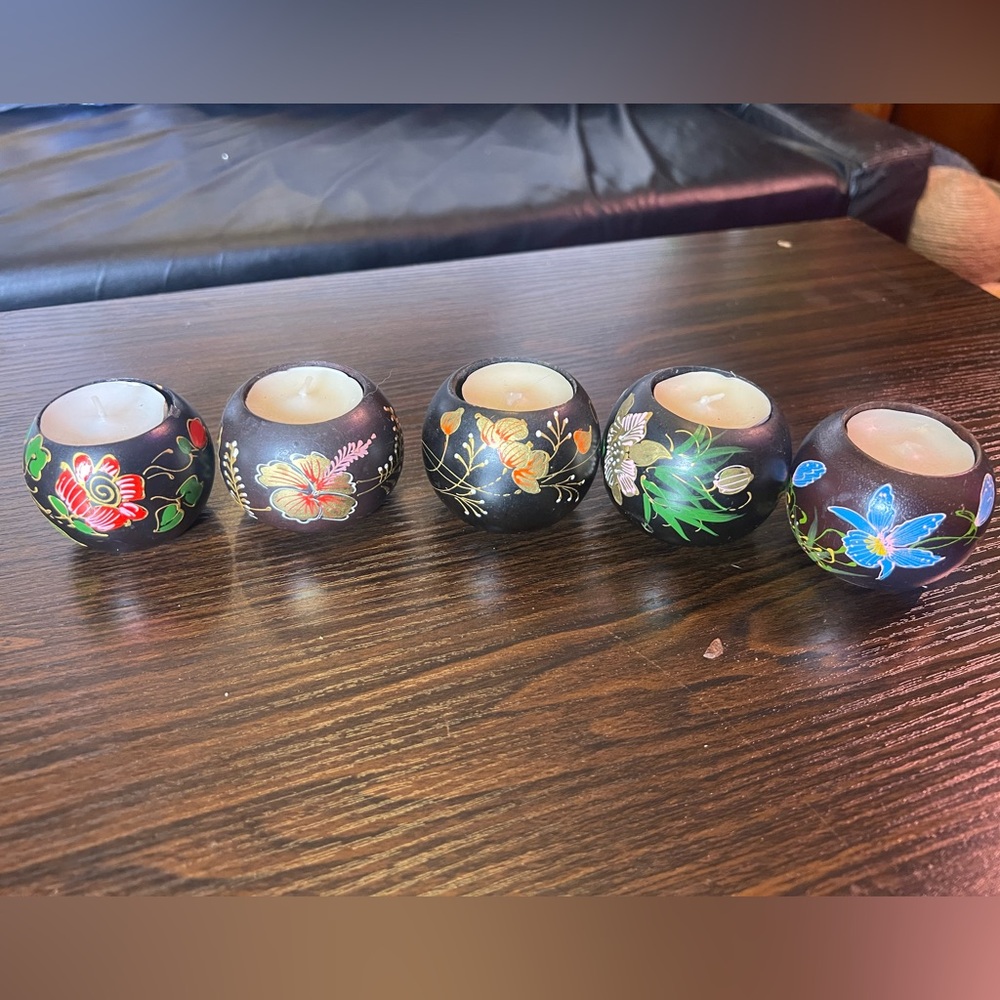 5 Hand painted tea light wooden candle holders